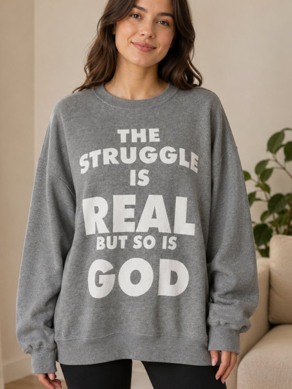 Jerzees NuBlend Christian Faith Crewneck Sweatshirt Gray The Struggle Is Real L